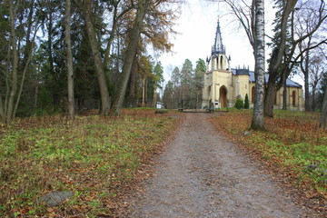 gothic cathedral in the autumn forest