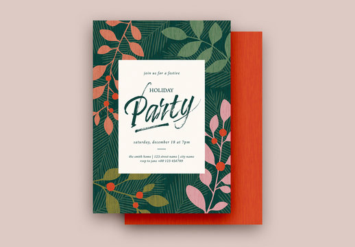 Holiday Party Invitation Layout with Holly Illustrations 