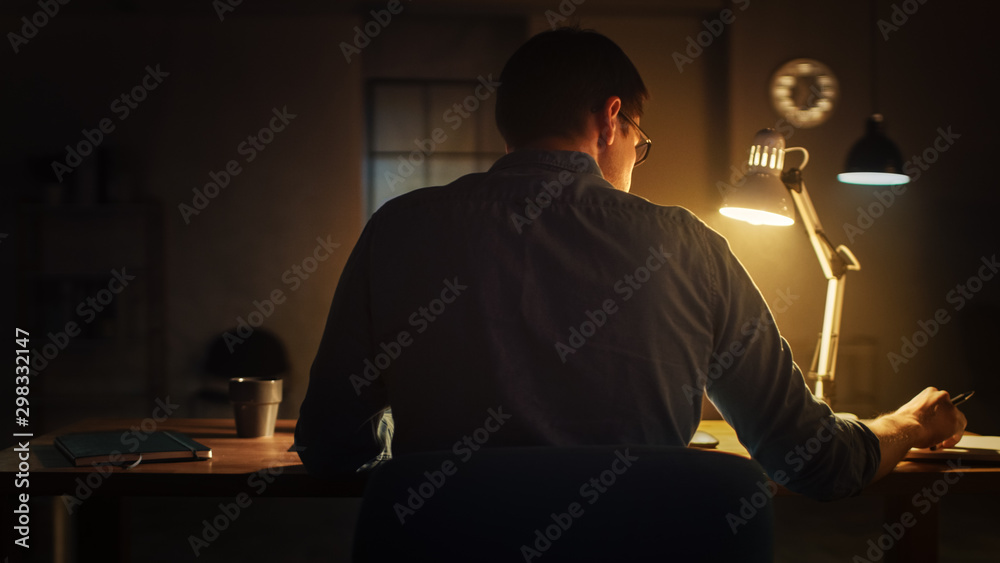 Poster back shot of a male professional designer sitting at his desk in office studio working on a laptop i