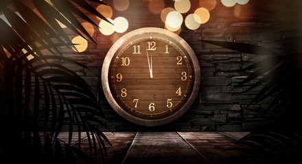Obraz na płótnie Canvas Dark room. Old brick wall. Clock on the brickwork, night view. Night scene with a clock on the wall. Festive background.