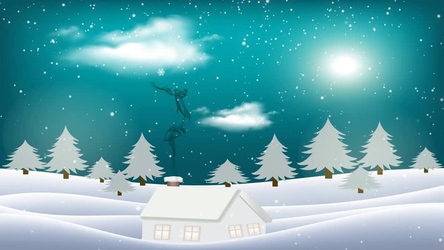 Cozy rustic house with smoking chimney and trees on meadow of frozen landscape at snowfall night with shine moon and clouds in sky. Decorative 3D animation rendered in 4K.