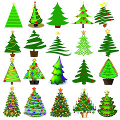Illustration set of Christmas and New Year trees  with toys and gifts.