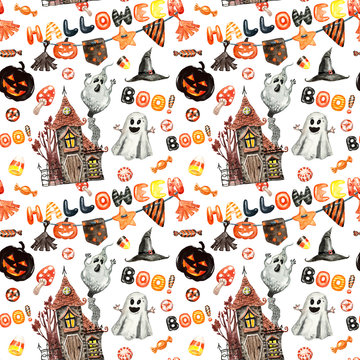 Festive Halloween seamless pattern with hand painted symbols of October 31. Watercolor pumpkin head, spooky ghost, scary haunted house, bunting garland, witch hat. Orange and black color print.