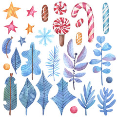 Watercolor elements for Christmas and New Year to create designs and prints.