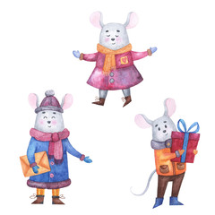 Cute watercolor mouse characters on the theme of the New Year and Christmas.