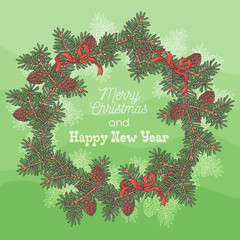 Hand drawn Christmas wreath of fir branches Vector.