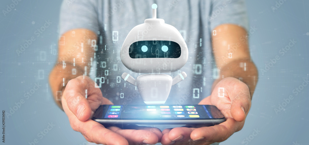 Poster businessman holding chatbot with binary code 3d rendering