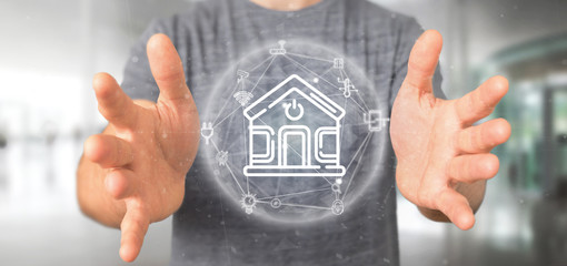 Businessman holding Smart home interface with icon, stats and data 3d rendering