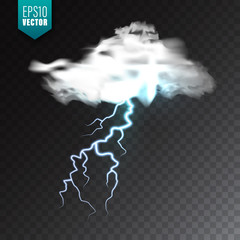 Realistic clouds with lightning on transparent background. Thunderstorm and lightning bolt. Sparks of light. Stormy weather effect. Vector illustration.