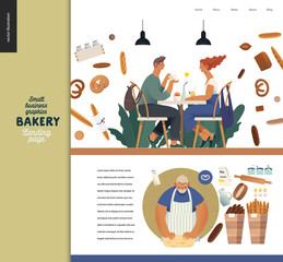 Bakery -small business illustrations -landing page design template -modern flat vector concept illustration of bread shop web page design -cafe visitors at the table, baker, bread