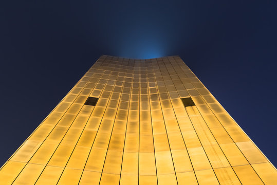 The view up along the Axel Springer building in the night
