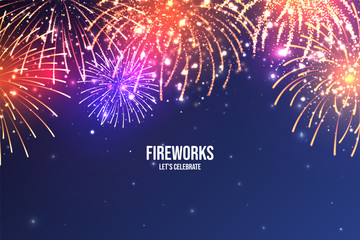 Festive fireworks. Realistic colorful firework on blue abstract background. Multicolored explosion. Christmas or New Year greeting card. Diwali festival of lights. Vector illustration.