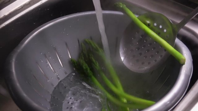 Boiled stems of green asparagus are put in a colander under a stream of cold water