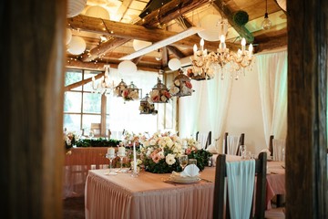 Rustic decorated wedding reception.