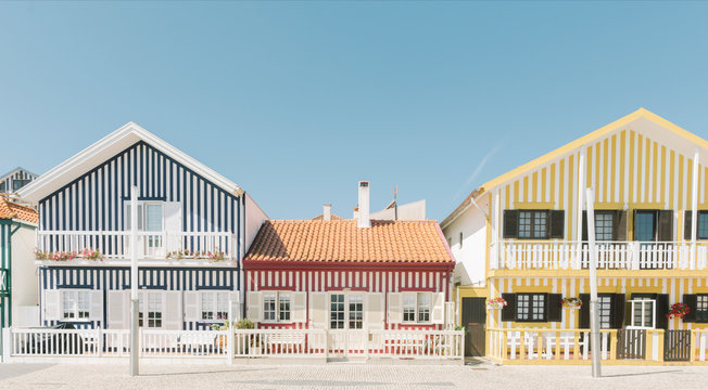 View of striped houses, Costa Nova, Portugal