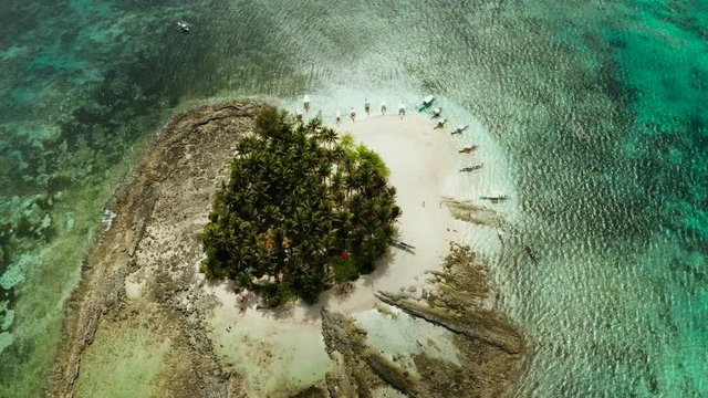 Tropical island in the ocean with palm trees on white sand beach. Guyam island, Philippines, Siargao. Summer and travel vacation concept