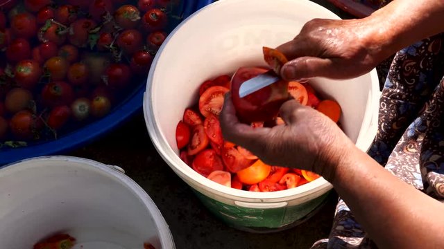 Turkish lady chop tomatoes to make domates salcasi (tomato sauce). Preparing tomato sauce