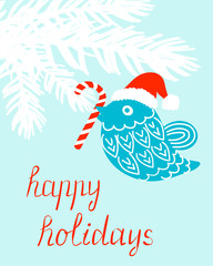 Hand drawn happy holiday vector card with a bird and candy cane