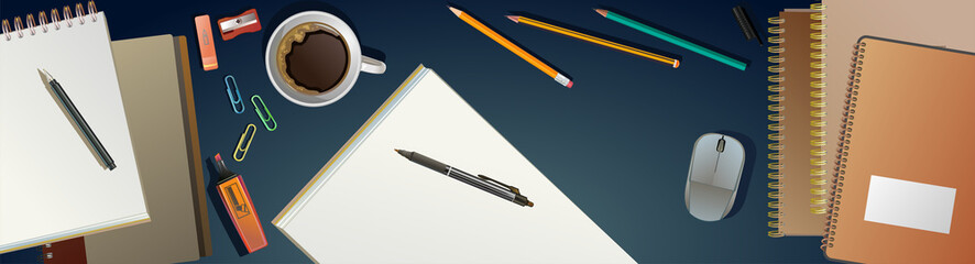 Office desk background, desktop. Top view. Vector illustration. Stationery, work space creative designer. Place for working, cabinet table.