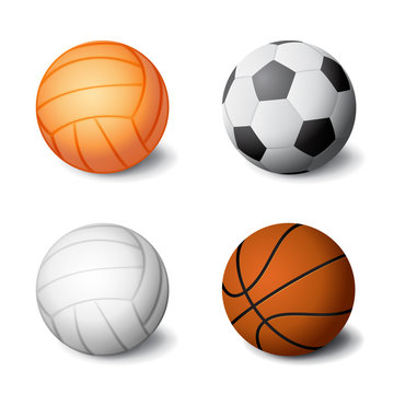 Realistic sports balls set icon isolated on white background, volleyball, soccer, basketball, vector illustration.