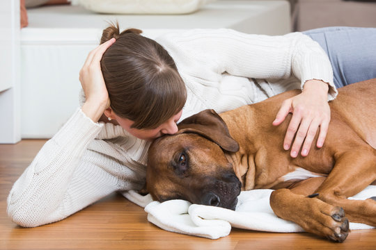 Woman caressing her Rhodesian Ridgeback dog