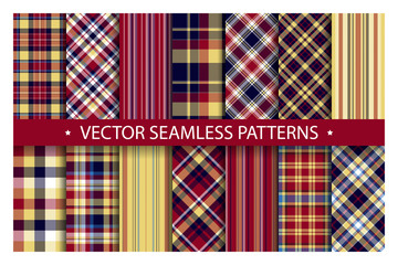 Set plaid pattern seamless. Tartan patterns fabric texture. Checkered geometric vector background. Scottish stripe blanket backdrop