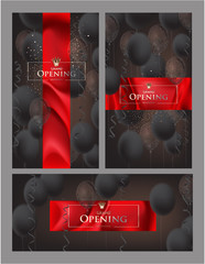 Grand opening invitation banners with dark air balloons and serpentine. Vector illustration