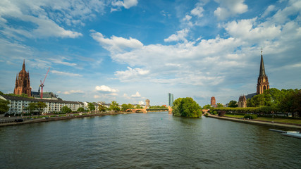 Wide shot of Frankfurt skyline and river Main