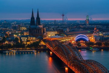 Aerial view of Cologne skyline at dusk