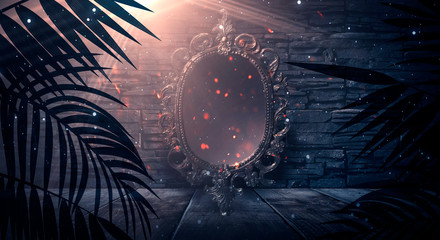 Mirror magic, fortune telling and fulfillment of desires. Fantasy with a mirror, dark room, magical power, night view.