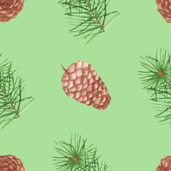 Watercolor hand painted nature winter seamless pattern with green christmas tree fir branches and pine cones isolated on the light green background for new year holiday celebration design elements