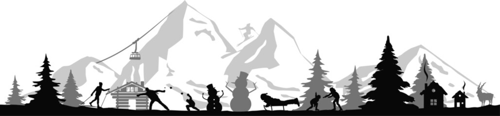 Fototapeta premium Winter Mounatin Landscape Vector Silhouette