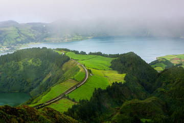 Beautiful landscape sceneries in Azores Portugal. Tropical nature in Sao Miguel Island, Azores. 