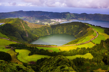 Beautiful landscape sceneries in Azores Portugal. Tropical nature in Sao Miguel Island, Azores. 