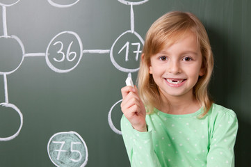 Smiling schoolgirl at blackboard with arithmetic problem