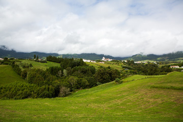 Beautiful landscape sceneries in Azores Portugal. Tropical nature in Sao Miguel Island, Azores. 