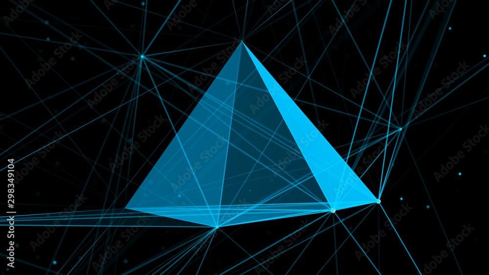 Poster digital plexus with pyramid form of glowing lines and dots. abstract futuristic background. 3d rende