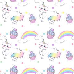 Cute cats unicorns and rainbow. Seamless vector pattern