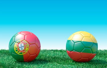 Fototapeta premium Two soccer balls in flags colors on green grass. Portugal and Lithuania. EURO 2020. Group B. 3d image