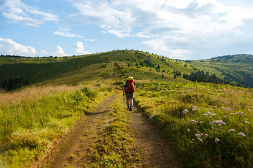 Traveler with red backpack walking on Carpathian mountain meadows