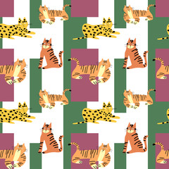 Funny doodle tigers seamless pattern