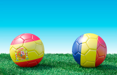Two soccer balls in flags colors on green grass. Spain and Romania. EURO 2020. Group F. 3d image
