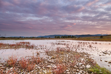 Foreground rocks and dry red plants in an almost dried up lake, beautiful colorful sunset sky and reflections in the water