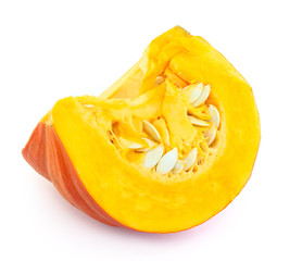 A piece of bright orange pumpkin on a white background