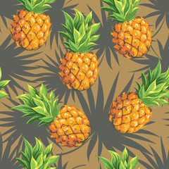 Pineapples are ripe, tropical with palm branches on a black background. Seamless vector pattern.