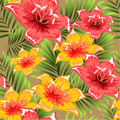 Palm leaves with blooming flowers. Tropical plants seamless pattern. Vector image.