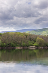 Fototapeta na wymiar Beautiful, sunlit, vivid green trees in a forest during early spring around Sukovo lake reflecting the trees and cloudy sky in a calm water