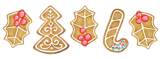 Watercolor illustrations of ginger cookies on white background.