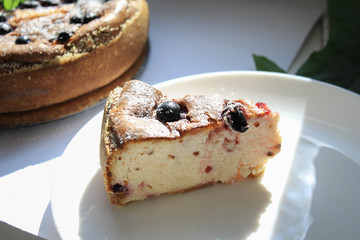 A piece of cheese cake on a white plate