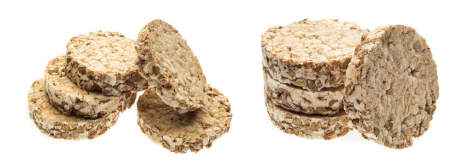 Collage with tasty diet food rice diet bread isolated on white background